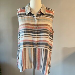 MARC NY women’s LINEN stripped collar top. 1/2 button down. Sleeveless size Med